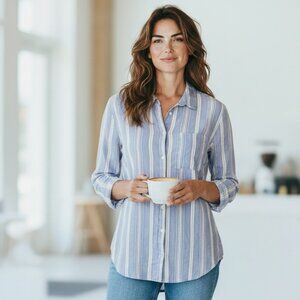 H&M Divided Cotton Striped Button Up Shirt Womens Sz 8 Blue & White #201K